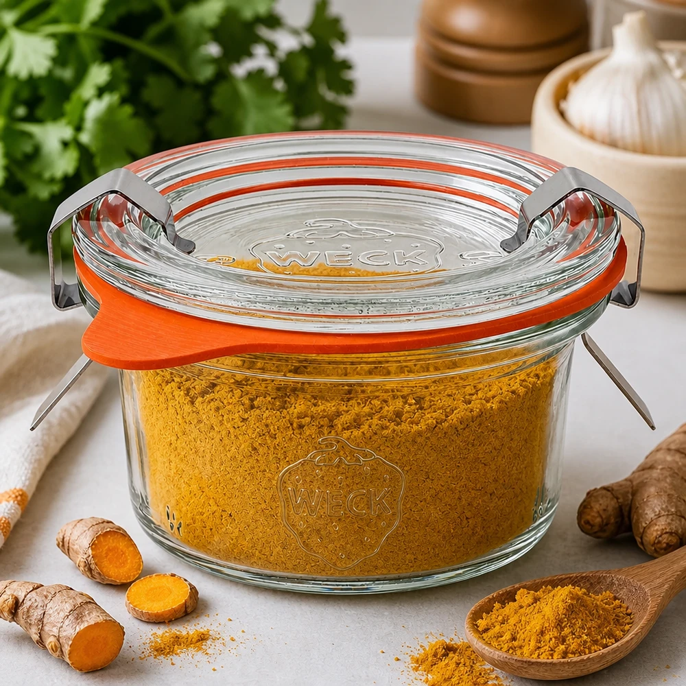 Bicchieri WECK da 50 ml RR60 riempiti di polvere di curcuma circondati da radici di curcuma e spezie fresche sul tavolo della cucina