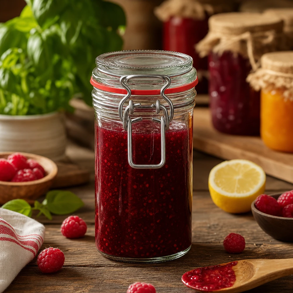 Barattolo da 272 ml con tappo oscillante riempito di marmellata rossa su un tavolo di legno con lamponi freschi e limone