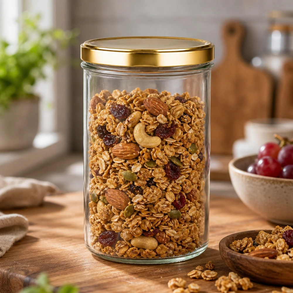 Bicchieri da 277 ml con coperchio BasicSeal oro UNiTWIST Barattolo da 277 ml con coperchio dorato UNiTWIST, riempito con muesli, noci e frutta secca, come contenitore in cucina.
