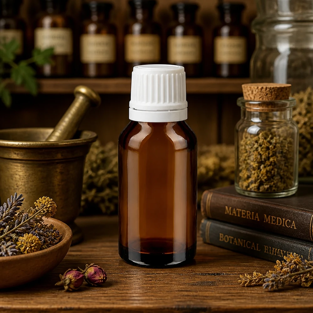 Bottiglia da farmacia marrone 15ml con tappo a vite bianco OV Flacone da farmacia marrone da 15 ml con tappo a vite bianco su un tavolo rustico in legno