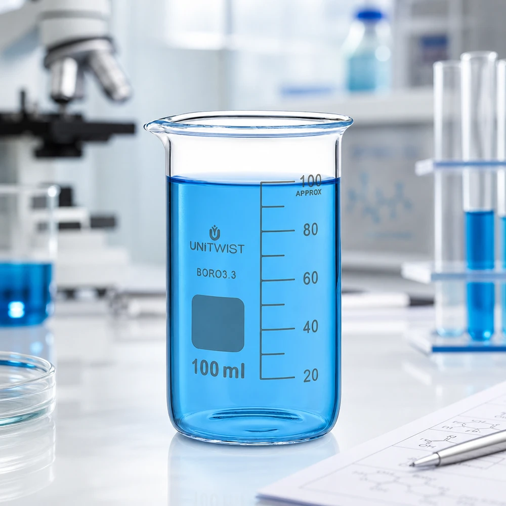 Becher da laboratorio UNITWIST da 100 ml, modello alto, in borosilicato, con liquido blu in laboratorio