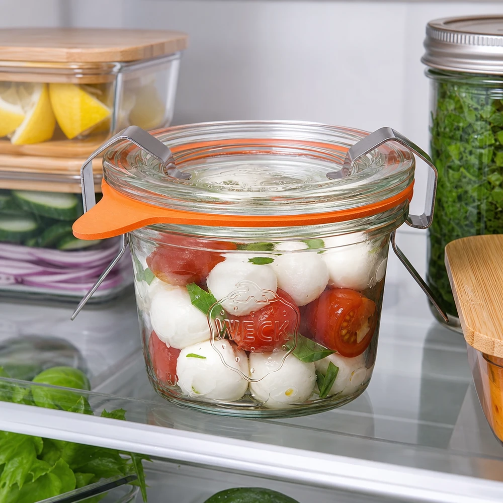 Il barattolo di vetro WECK 35ml RR40 riempito di insalata caprese nel frigorifero mostra la pratica conservazione degli alimenti freschi