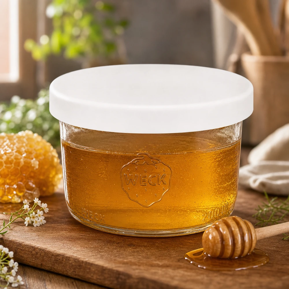 WECK tumbler 200ml RR80 riempito di miele vasetto di miele con coperchio in silicone bianco su tavoletta di legno con cucchiaio per miele