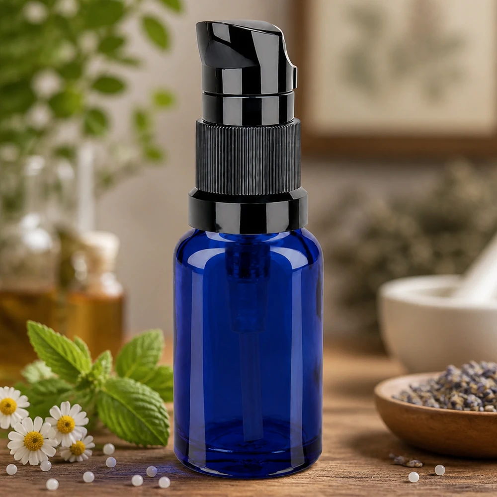 Flacone a pompa da 10 ml nero STD BlueLine UT18/10 Elegante flacone in vetro da 10 ml con robusta pompa nera STD BlueLine UT18/10 per cosmetici fai da te