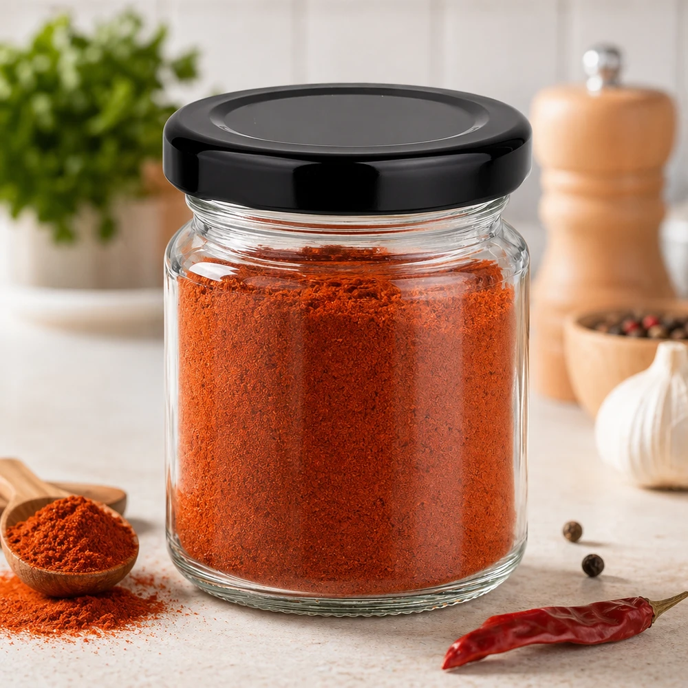 Barattolo rotondo da 53 ml con coperchio BasicSeal nero UNiTWIST. Barattolo rotondo da 53 ml con coperchio nero riempito di paprika rossa in polvere in un moderno contenitore per spezie da cucina