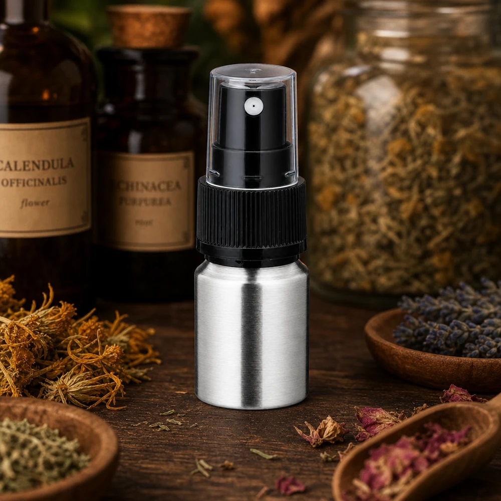 Flacone da 10 ml in alluminio lucido con atomizzatore Flacone spray in alluminio da 10 ml con tappo protettivo trasparente - conservazione igienica garantita
