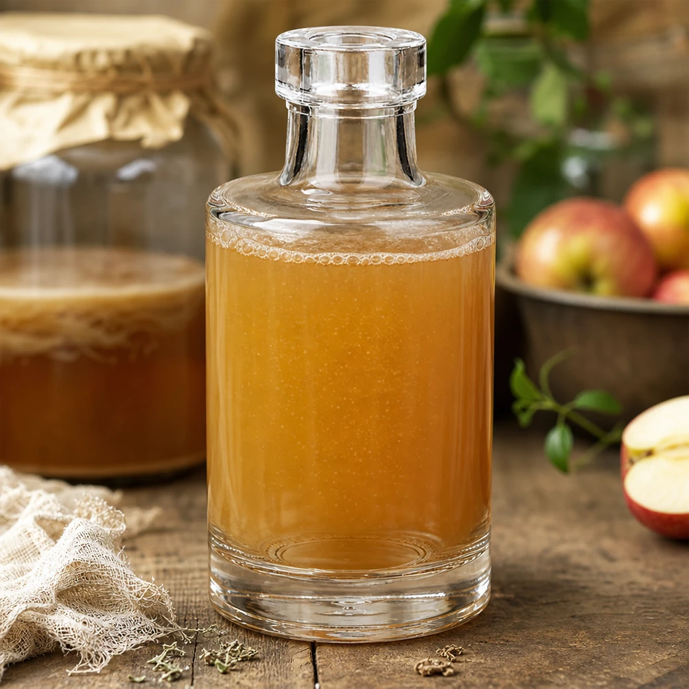 Bottiglia in vetro da 100 ml Marie senza tappo UNiTWIST® Bottiglia di vetro da 100 ml di Marie riempita di succo di mela accanto a mele fresche e a un cestino di legno rustico in una scena di cucina naturale