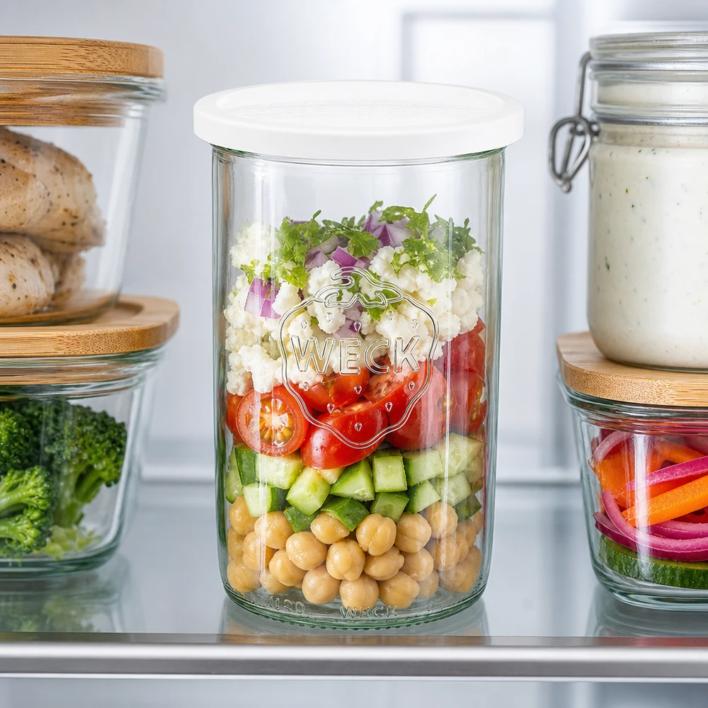 Bicchieri da 1000ml con coperchio di freschezza WECK RR100 Il barattolo WECK 1000ml RR100 con insalata a strati di ceci, cetrioli e pomodori mostra la funzione di preparazione dei pasti in frigorifero