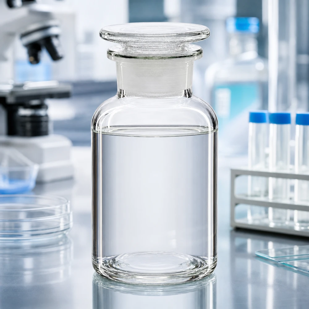 Bottiglia a spalla tonda 250ml chiara a collo largo con tappo in vetro Bottiglia a spalla arrotondata da 250 ml, a collo largo, in vetro trasparente con tappo di vetro, su un banco da lavoro da laboratorio