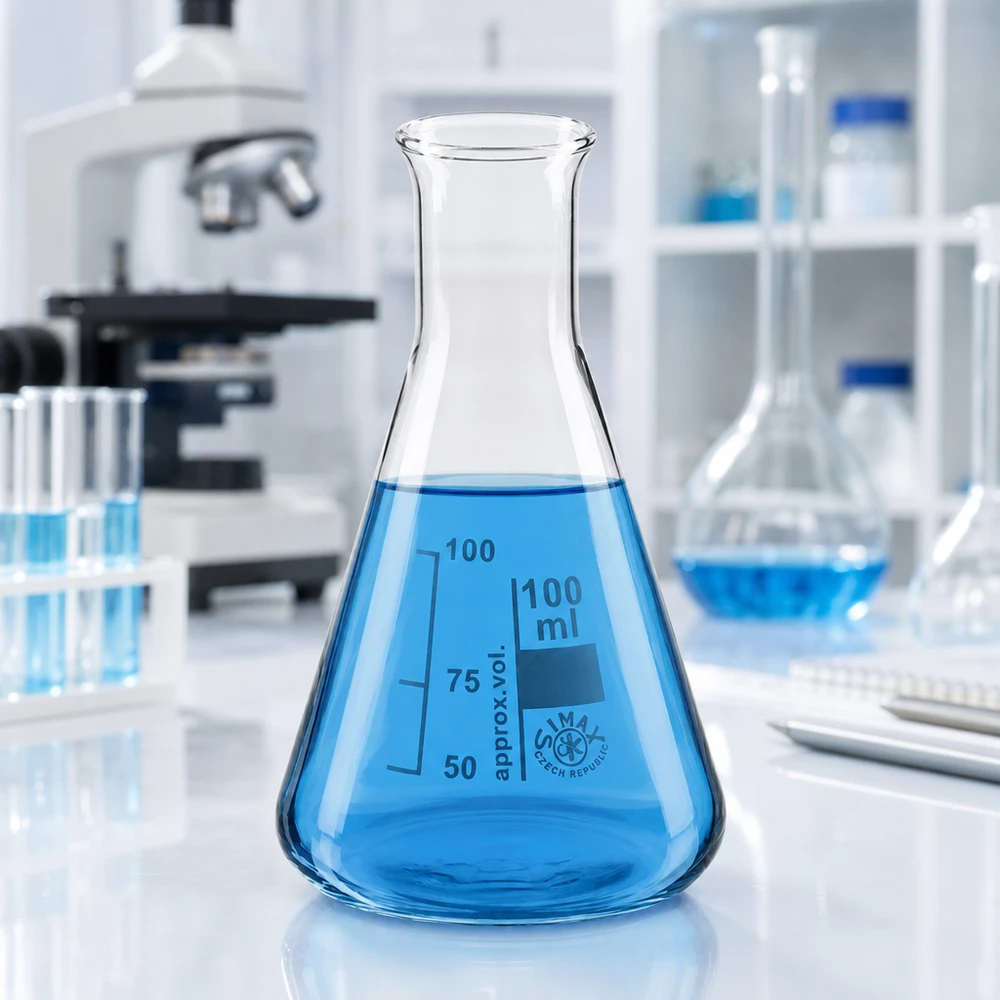 Attrezzatura da laboratorio Matraccio di Erlenmeyer da 100 ml a collo stretto tra provette e attrezzature scientifiche