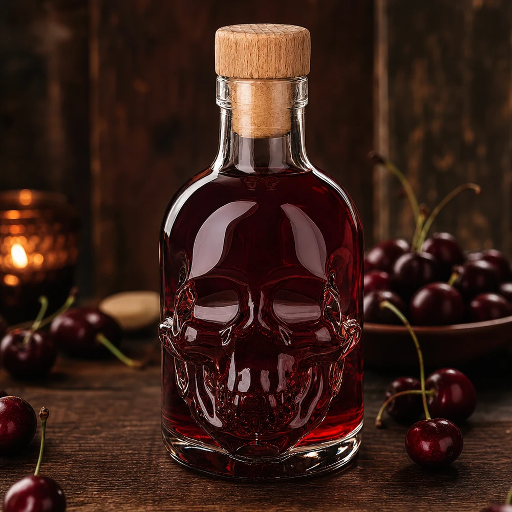 Bottiglia in vetro da 200 ml Jack con tappo in sughero con impugnatura in legno UNiTWIST® Bottiglia di Jack in vetro a teschio da 200 ml con liquido rosso ciliegia e tappo in legno, circondata da ciliegie fresche