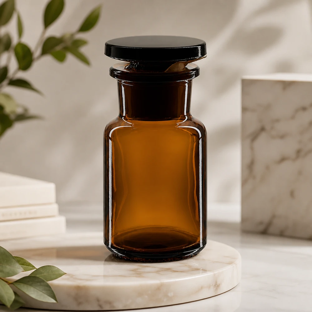 Classica bottiglia a spalla arrotondata da 50 ml, marrone, con collo largo e tappo di vetro su base in marmo