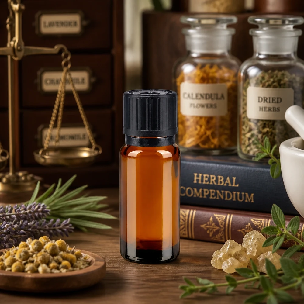 Vialla da farmacia da 10 ml con contagocce, apertura da 1 mm, tra libri di erboristeria e fiori di calendula su legno