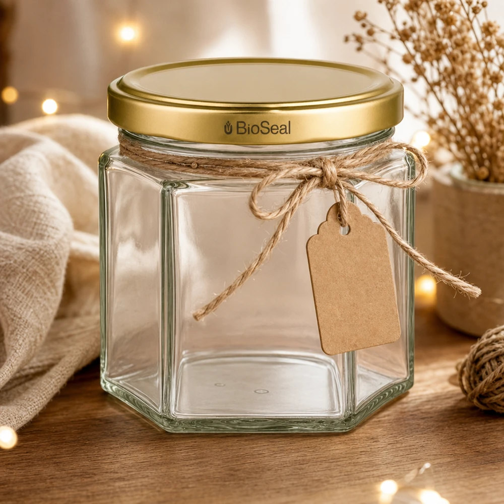UNiTWIST Hexa47 con coperchio dorato TO43 BioSeal Barattolo in vetro UNiTWIST Hexa47 con coperchio BioSeal dorato e etichetta regalo in un accogliente ambiente living