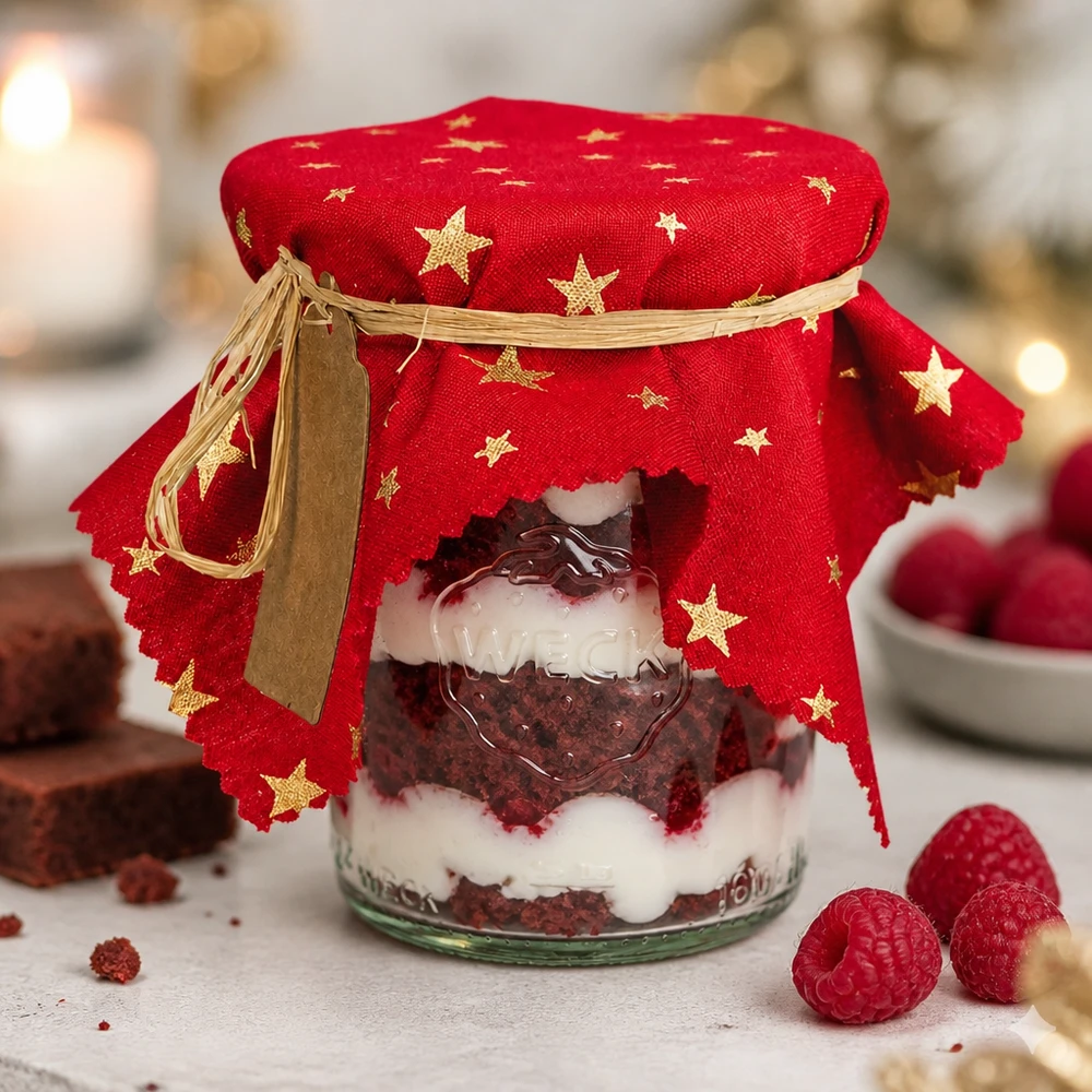 Selbstgemachte Schoko-Himbeer-Nachspeise im Glas mit rotem Sternen-Schmuckdeckchen, Geschenkidee für Weihnachten