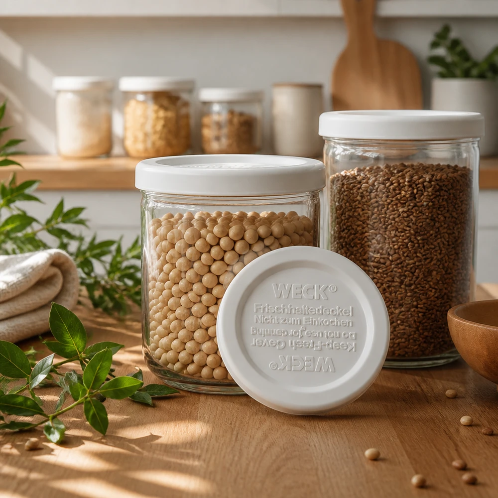 Coperchio per la conservazione degli alimenti WECK RR40 in cucina con barattoli pieni di legumi per una conservazione ottimale degli alimenti