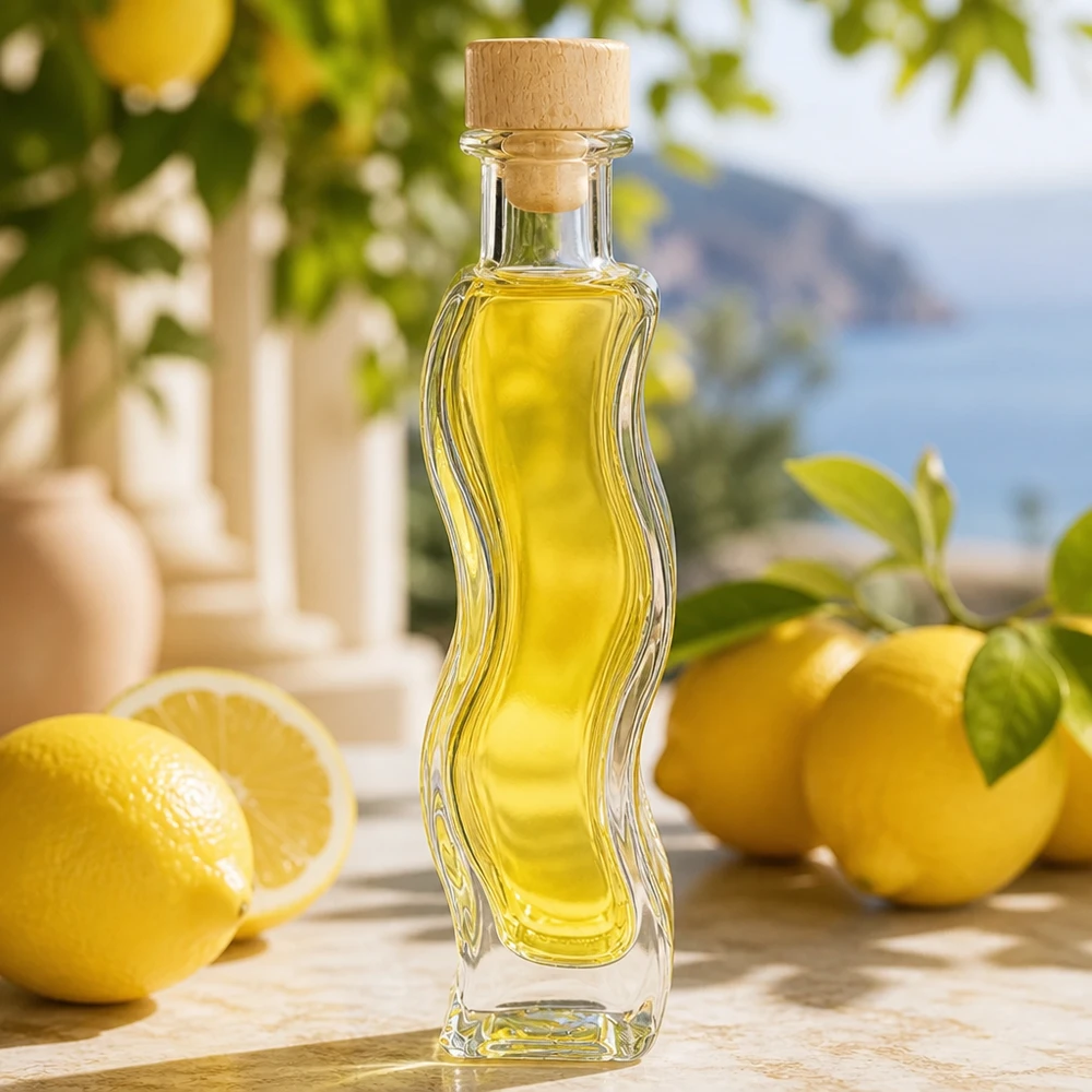 Bottiglia di vetro Melissa 100ml riempita di olio giallo accanto a limoni atmosfera mediterranea tappo di sughero