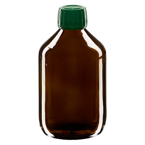 Flacone per medicinali da 300 ml marrone, tappo verde con chiusura antimanomissione Flacone per medicinali da 300 ml marrone, tappo verde con chiusura antimanomissione