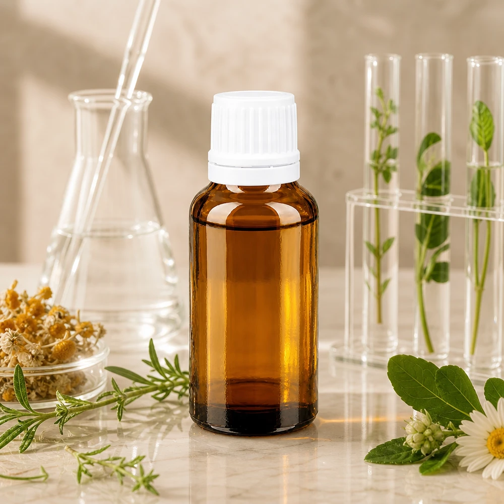 Piccolo flacone in vetro ambrato da 20 ml con tappo OV bianco, circondato da erbe medicinali e strumenti da laboratorio