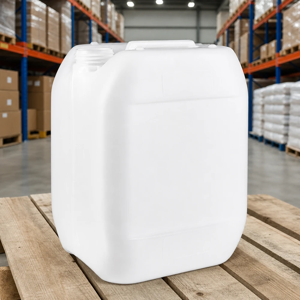 Tanica 10 litri senza tappo Tanica piatta bianca da 10 litri senza tappo, con maniglia di trasporto, su pallet di legno in magazzino