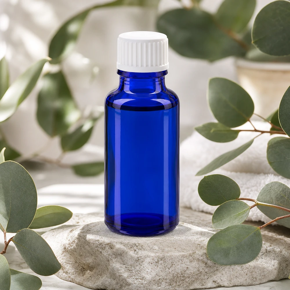 Flacone da 20ml blu (Glo.) GR STD bianco/3mm ApoGlas Piccolo flacone da farmacia blu da 20 ml in vetro con protezione UV, con tappo a vite bianco su base in pietra naturale