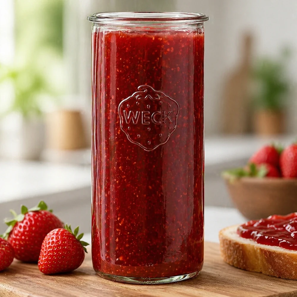 Vasetto WECK RR100 da 1500 ml riempito di marmellata di fragole rosse accanto a fragole fresche e pane su un tavolo di legno