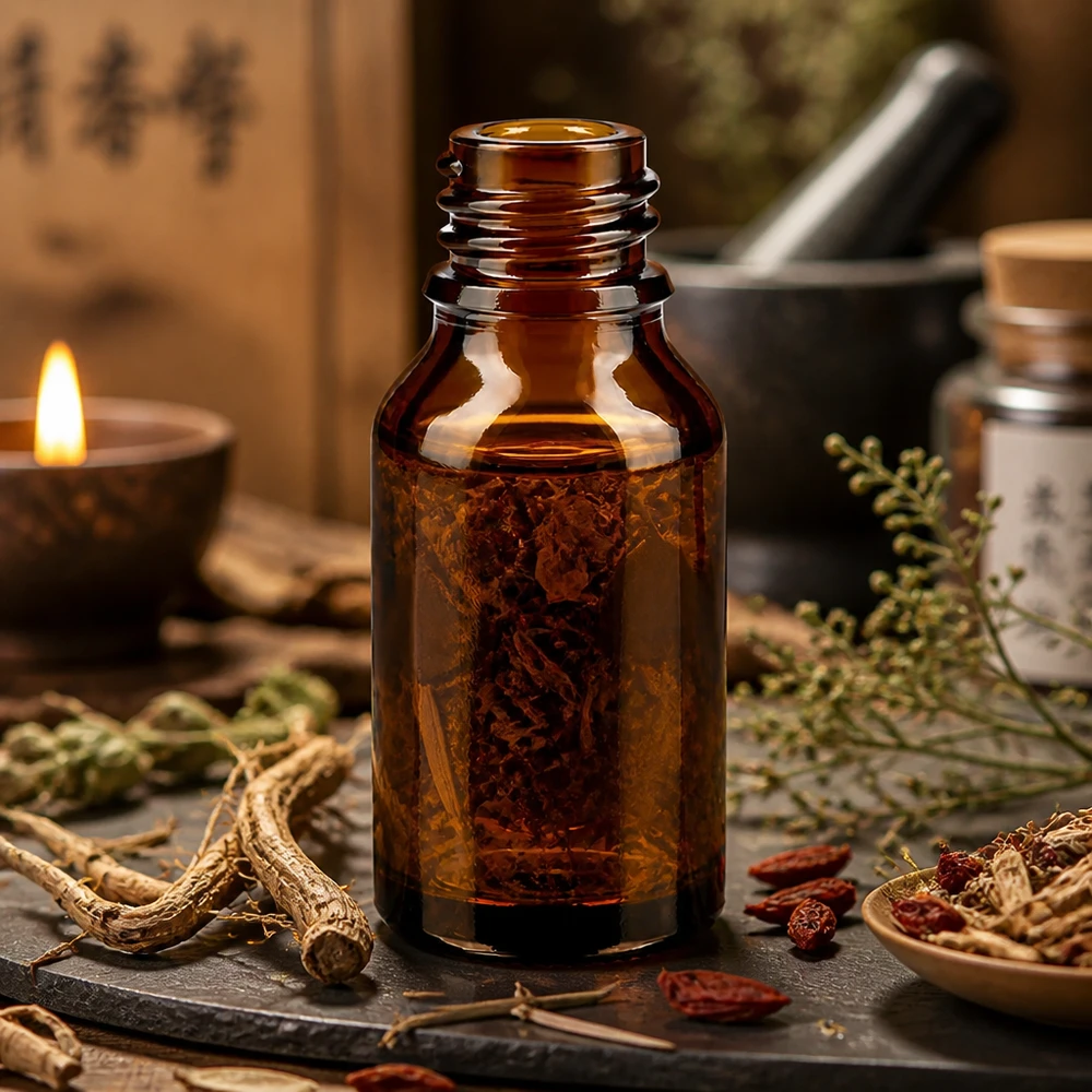 Bottiglia da farmacia marrone da 30ml a forma alta ApoGlas con tintura di erbe radici spezie medicina tradizionale ambiente