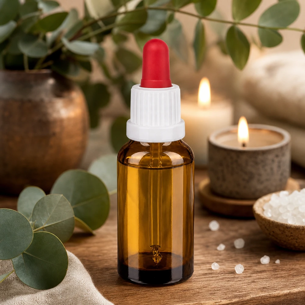 Bottiglia per pipette da 20 ml bianco/rosso OV BrownLine UT18/20 Bottiglia in vetro a protezione della luce da 20 ml con sistema a pipetta per liquidi sensibili