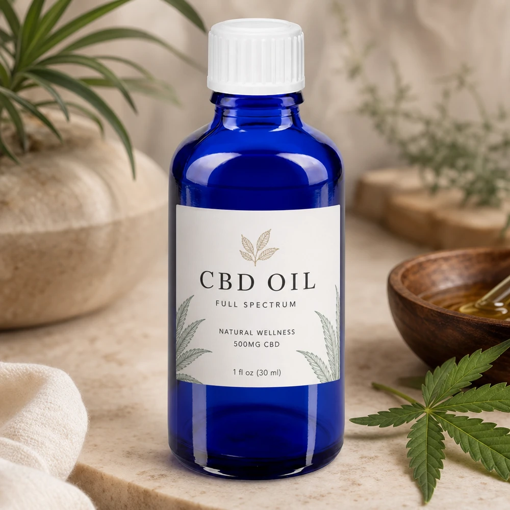 Flacone in vetro da farmacia blu da 30 ml con tappo di sicurezza a prova di bambino bianco per prodotti a base di olio di CBD