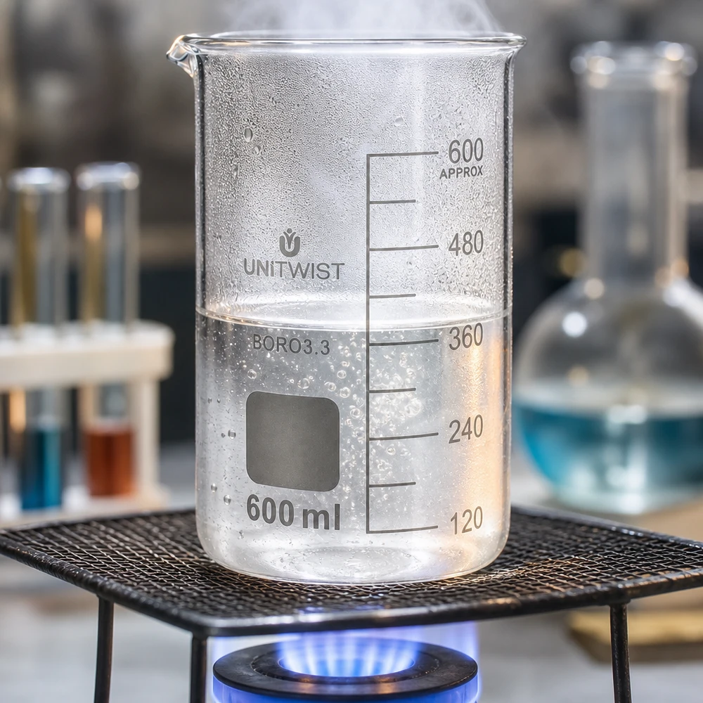 Bicchiere da laboratorio UNITWIST da 600 ml in vetro borosilicato, di forma alta, riscaldato su un becco Bunsen con acqua bollente