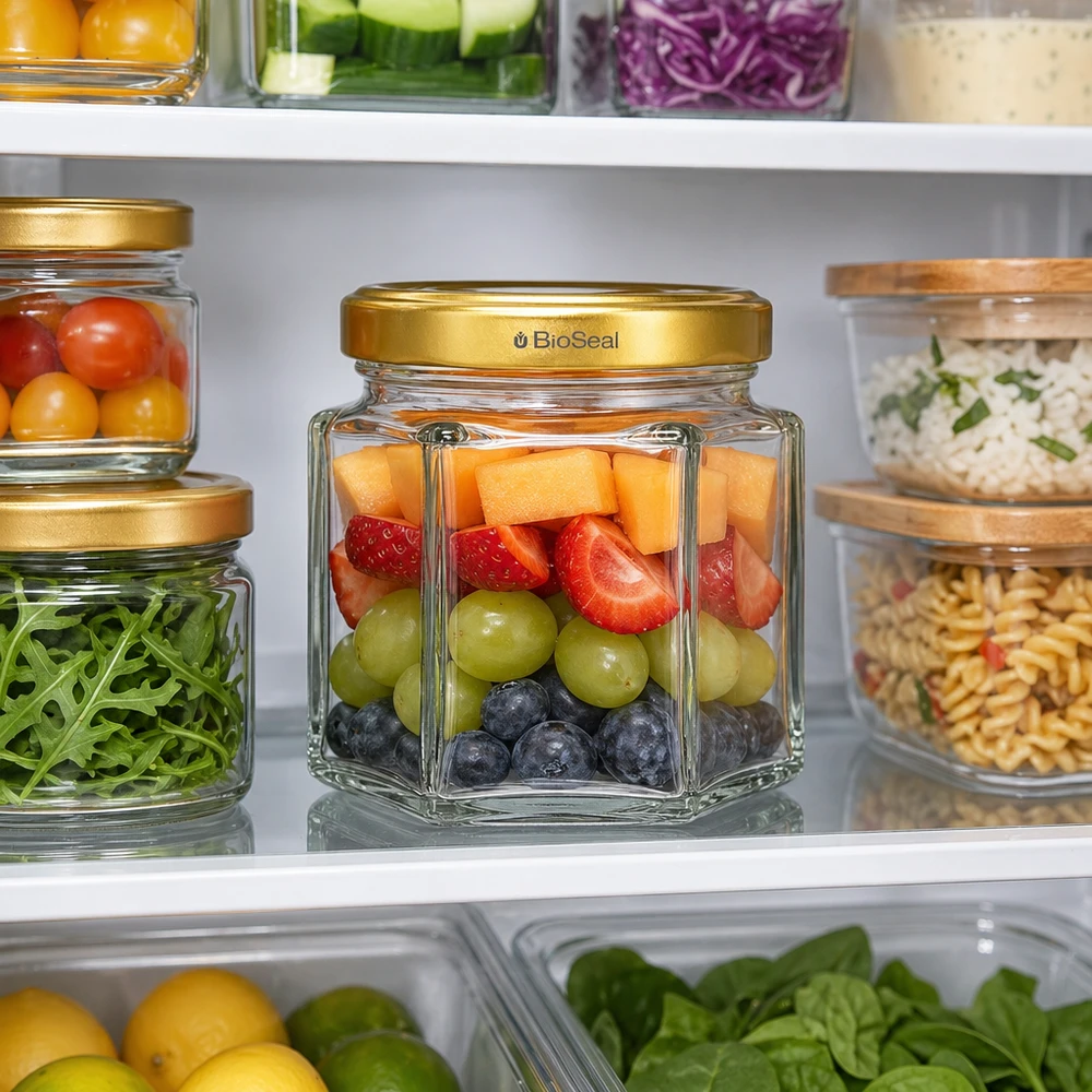 Vasetto per miele da 60 g con capsula dorata BioSeal UNiTWIST Vasetto di miele BioSeal da 60 g con coperchio dorato in frigorifero, pieno di frutta accanto a verdure e altri vasetti di conservazione.