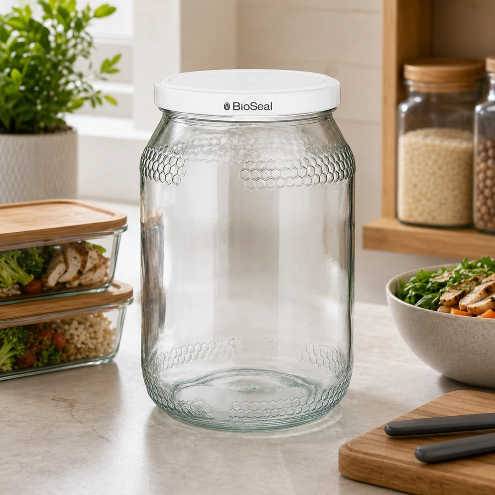 Vasetto per miele da 1260 g con capsula bianca BioSeal UNiTWIST Vaso di miele da 900 ml vuoto con coperchio BioSeal bianco in una cucina moderna, accanto a barattoli e insalatiera