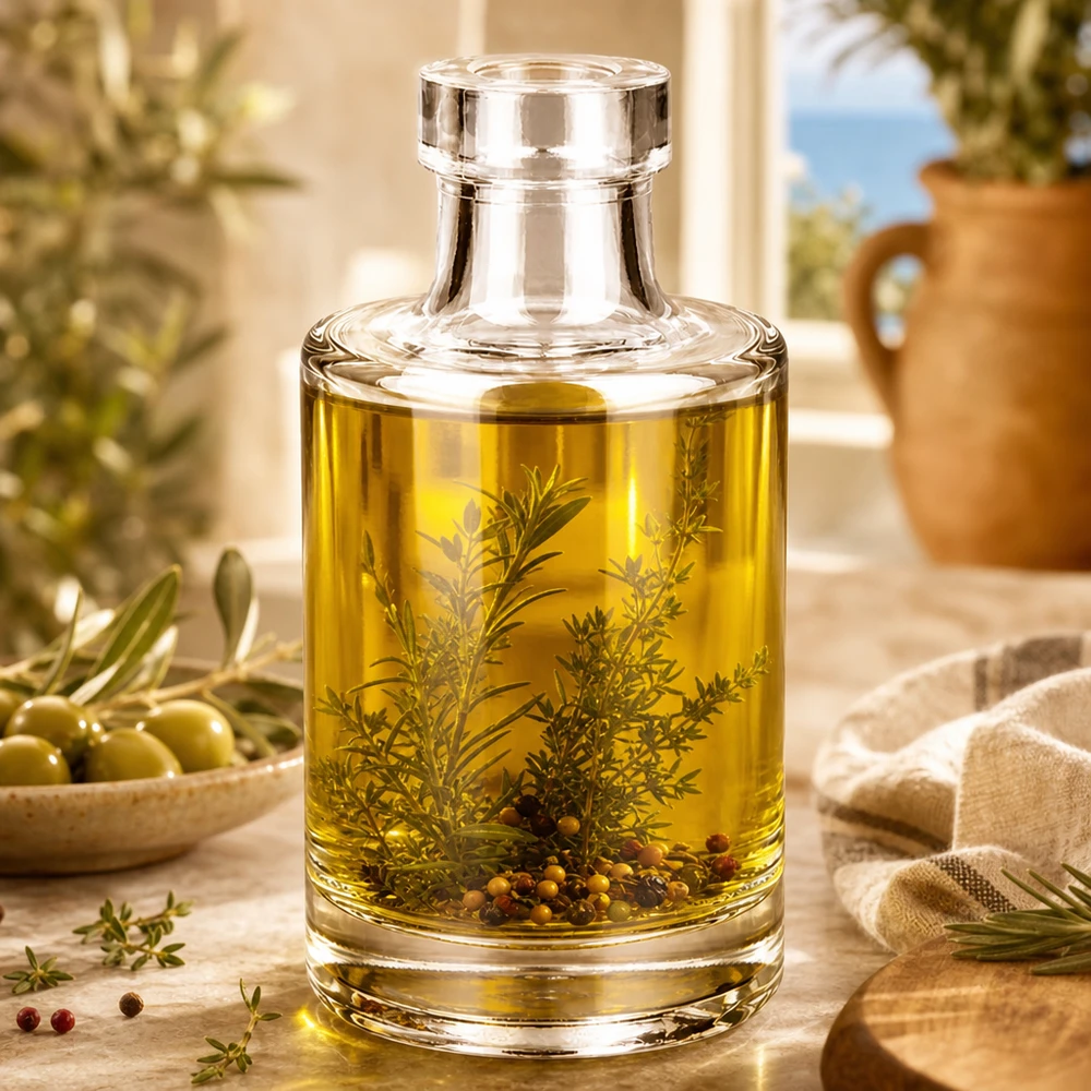 Bottiglia in vetro da 100 ml Marie senza tappo UNiTWIST® Bottiglia di vetro da 100 ml Marie riempita con olio alle erbe e spezie come esempio di utilizzo in cucina e per la decorazione