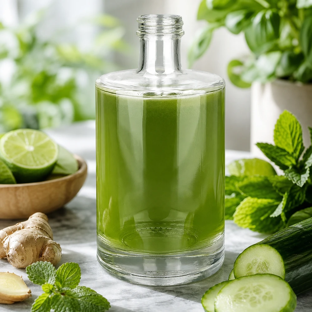 Bottiglia in vetro da 500 ml Sam senza tappo a vite UNiTWIST® Bottiglia di vetro da 500 ml Sam riempita di frullato verde circondato da ingredienti freschi menta cetriolo zenzero lime