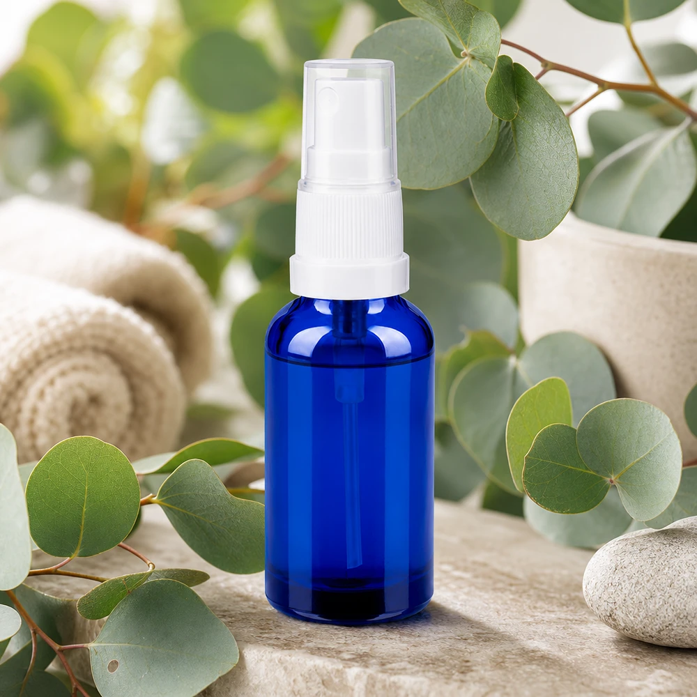 Flacone spray da 30 ml bianco/trasparente STD BlueLine UT18/30 Flacone spray professionale da 30 ml in vetro blu con protezione UV e spruzzatore a pompa