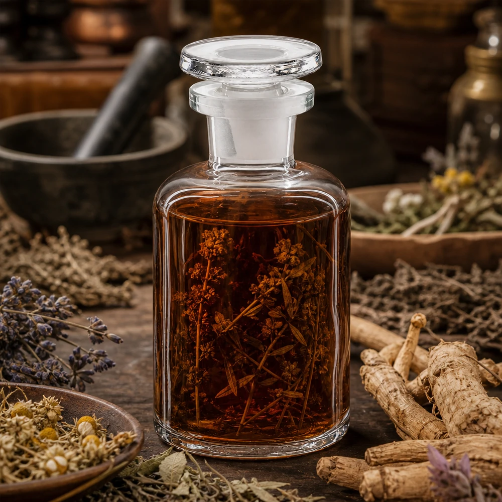 Bottiglia a spalla tonda 50ml trasparente collo stretto tappo in vetro Fiaschetta da farmacia storica da 50 ml, trasparente, con tappo in vetro e tintura di erbe, a collo stretto e spalle arrotondate