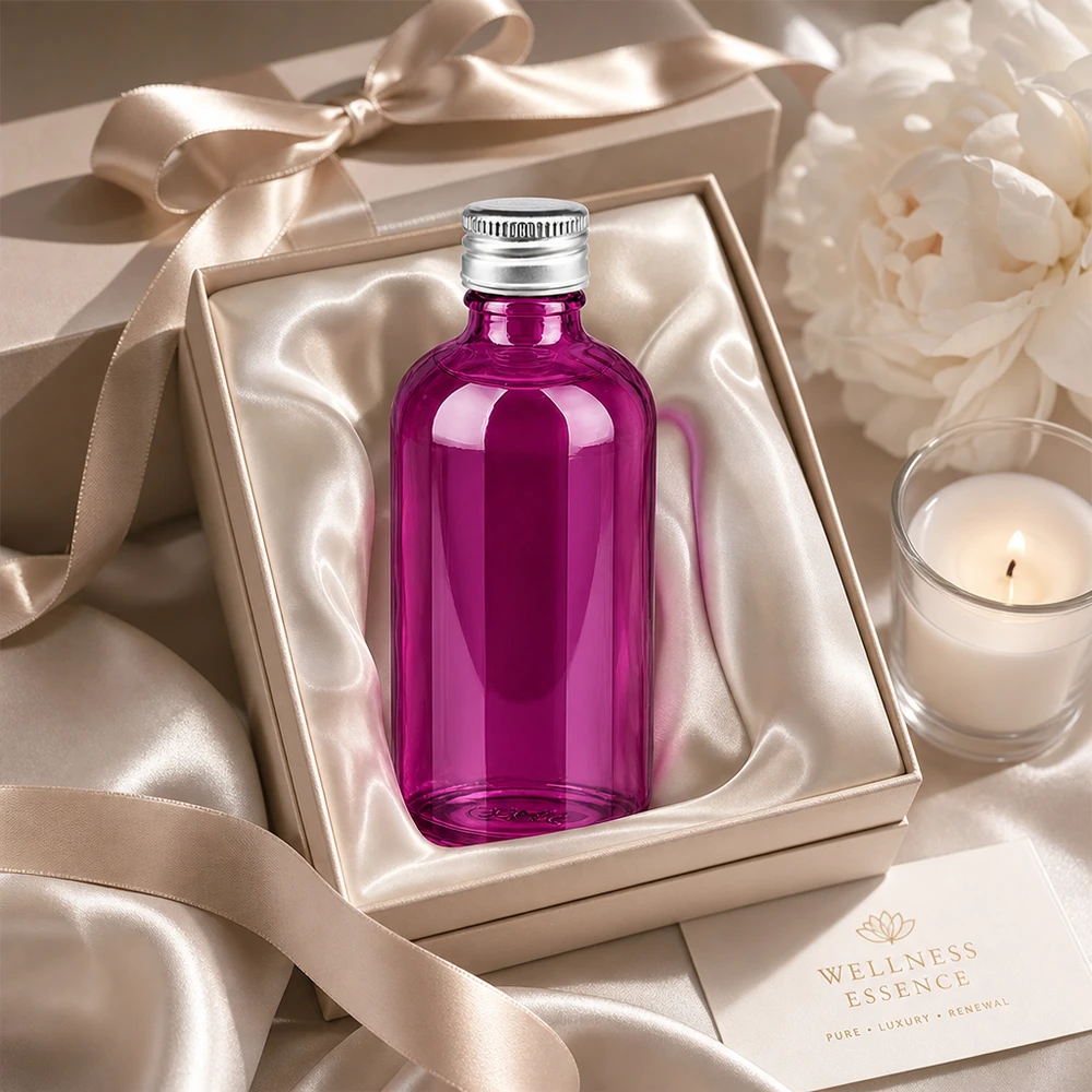 Bottiglia da 100 ml. Tappo a vite da 11 mm alluminio-argento standard PurpleLine. UT18/100 Flacone in vetro viola lucido da 100 ml con tappo in alluminio anticorrosione per cosmetici naturali