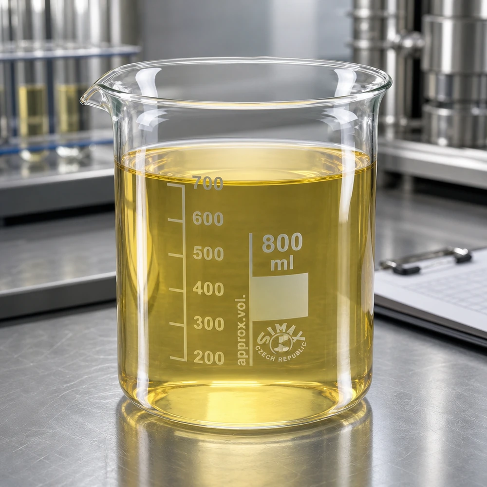 Bicchiere da laboratorio da 800 ml in robusto vetro borosilicato con liquido di prova giallo su banco da laboratorio