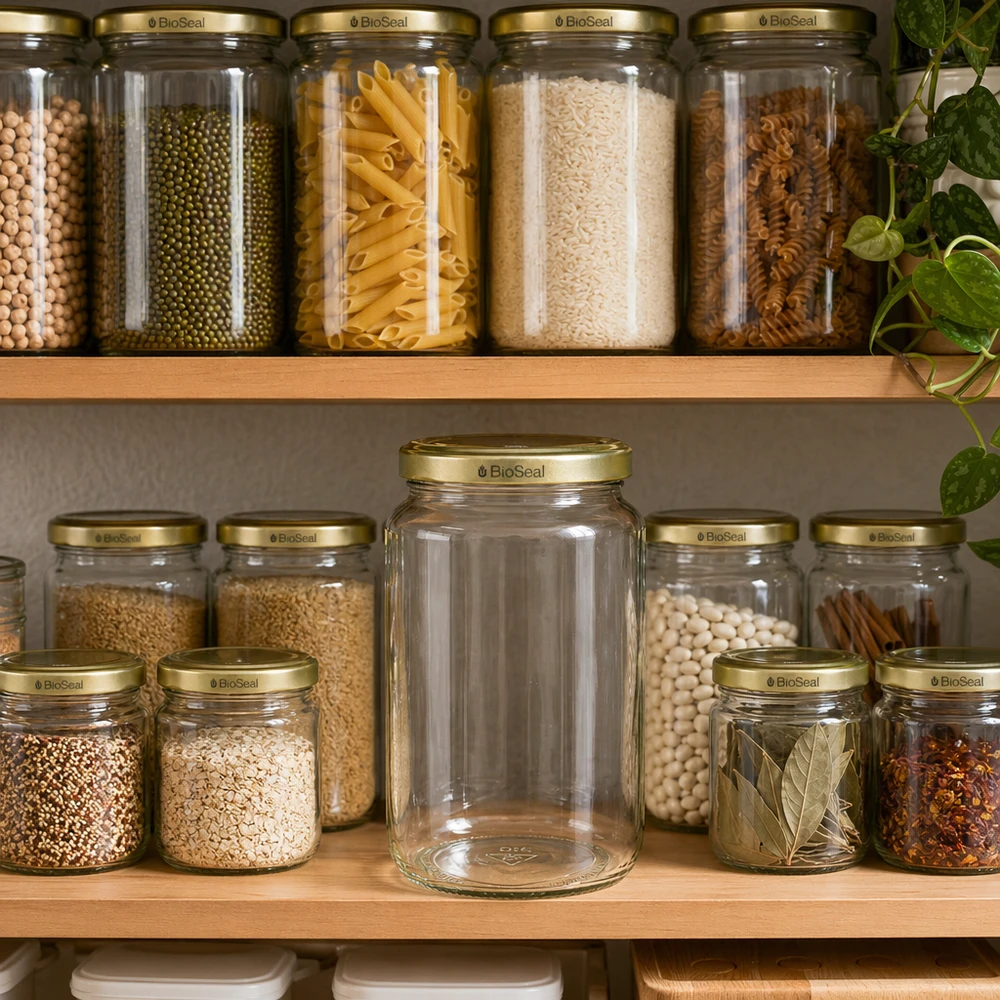 Vasetto per miele da 1000 g con capsula dorata BioSeal UNiTWIST 1000g BioSeal barattolo di miele in cucina organizzato con pasta riso e spezie mostra la perfetta conservazione in cucina