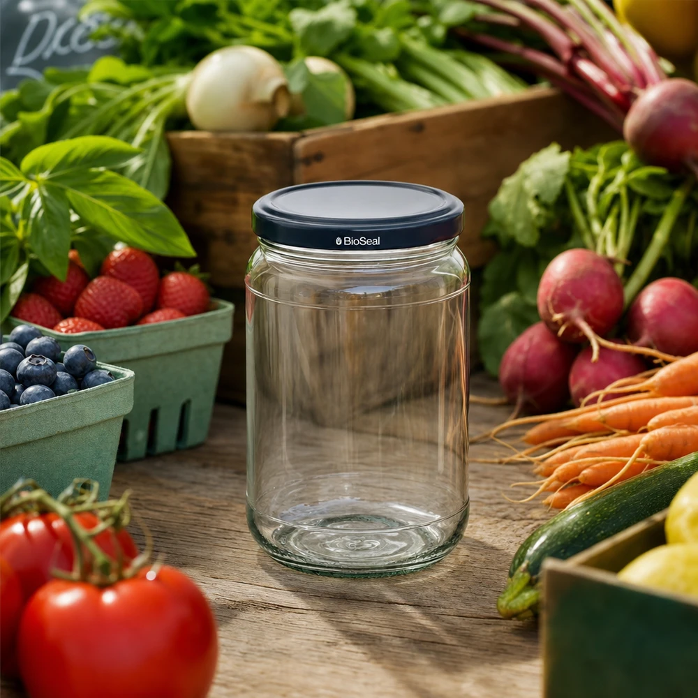 UNiTWIST Runda305 con coperchio nero. TO63 Coperchio BioSeal UNiTWIST Runda305 Vorratsglas mit schwarzem BioSeal Deckel inmitten frischem Marktgemüse und Obst auf Holztisch