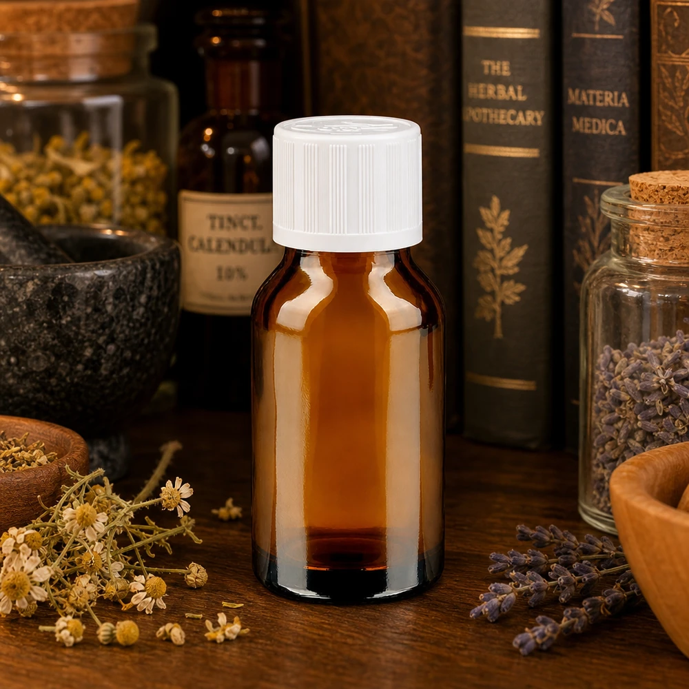 Piccolo flacone da farmacia marrone da 30 ml con tappo bianco KiSi, tra erbe e libri di fitoterapia