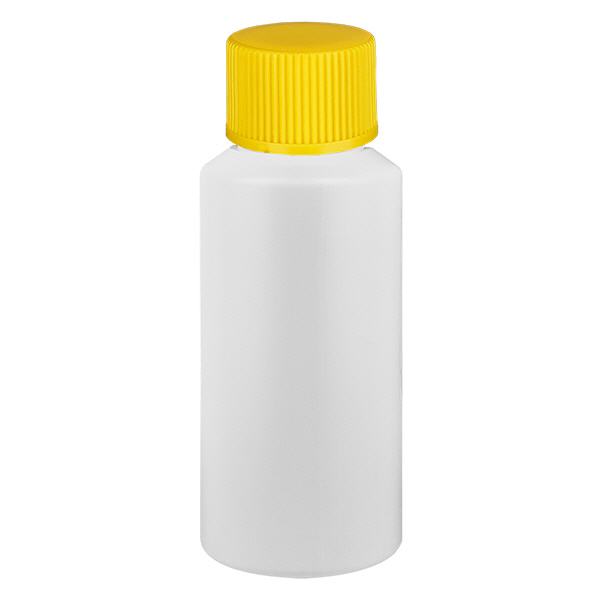 Flacone farmaceutico HDPE 30ml bianco, con tappo giallo SV Flacone farmaceutico HDPE 30ml bianco, con tappo giallo SV
