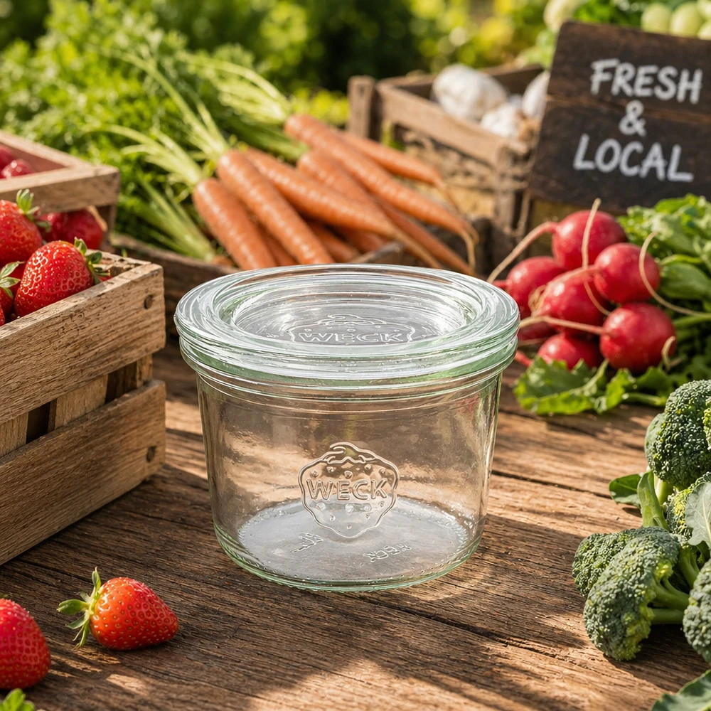 Bicchieri WECK 80ml RR60 circondati da frutta e verdura fresca su un tavolo di legno Farmers Market Fresh Local sign