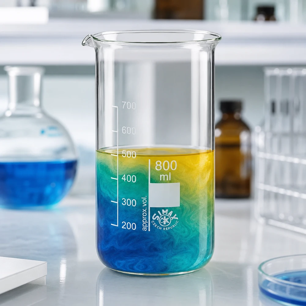 Bicchiere da laboratorio da 800 ml, forma alta, con un liquido dai colori sfumati dal blu al giallo