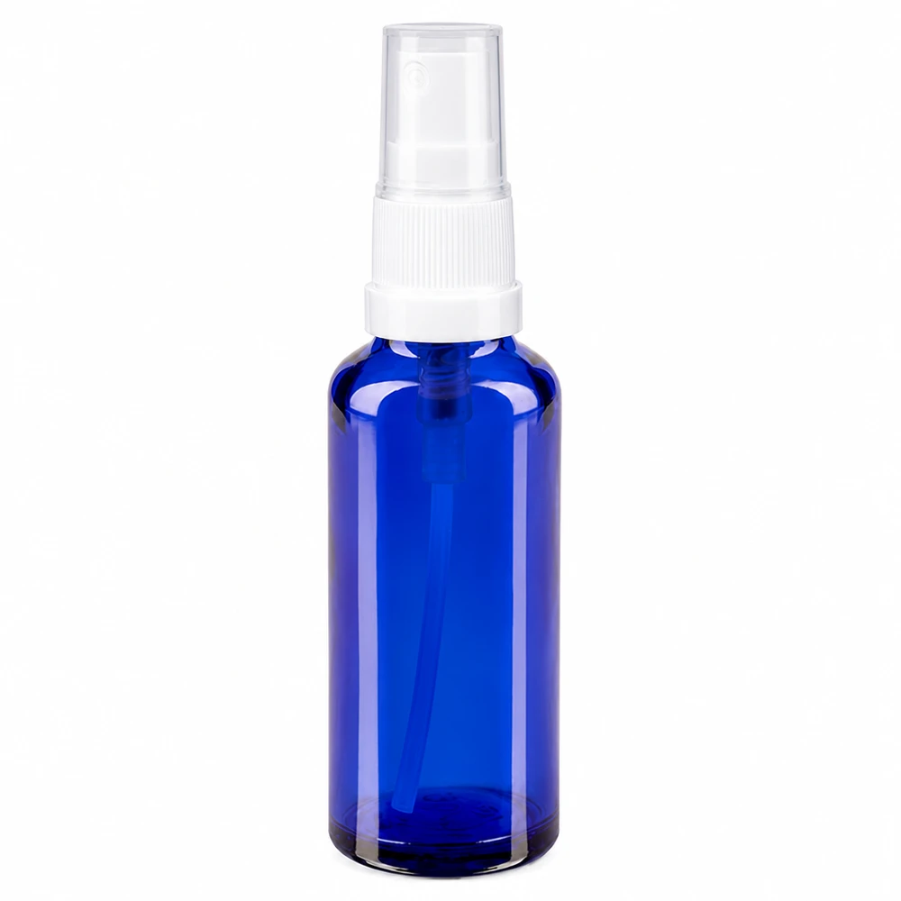 Flacone spray blu da 10 ml. STD nero/trasp. apoGlas Flacone in vetro da farmacia blu da 10 ml con erogatore a spruzzo bianco e tappo protettivo trasparente