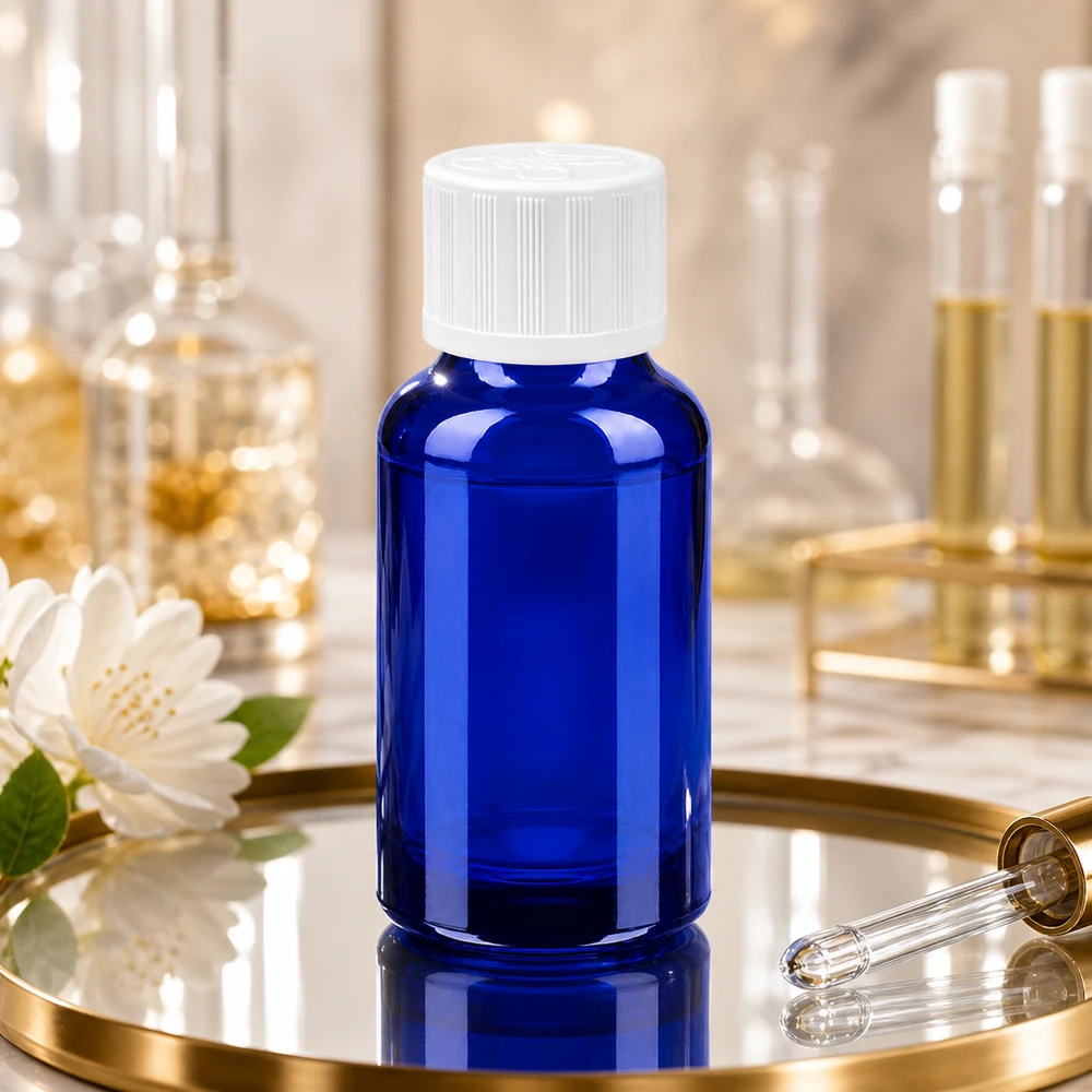 Bottiglia da 20ml 11mm SV w. STD KiSi BlueLine UT18/20 Flacone in vetro BlueLine da 20 ml con tappo bianco perfetto per miscele fai da te e cosmetici naturali