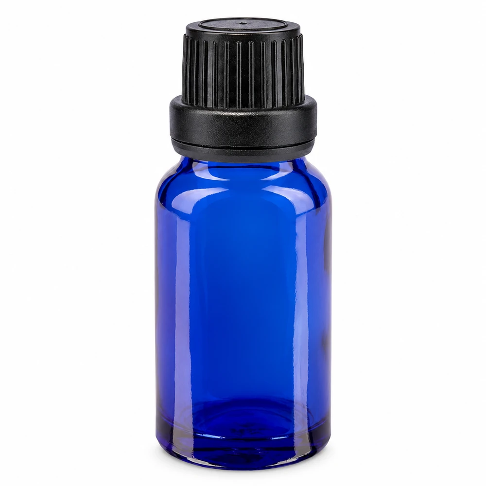 Flacone contagocce blu da 10ml OV nero/2mm ApoGlas Flacone in vetro blu da 10 ml con tappo di sicurezza nero e contagocce da 2 mm in vetro da farmacia