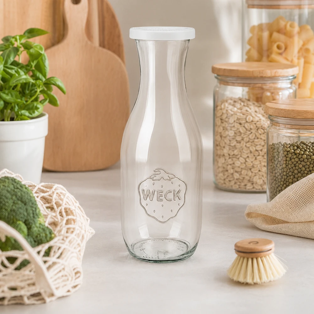 Bottiglia di succo WECK da 1062 ml in una cucina sostenibile a spreco zero con barattoli e utensili ecologici