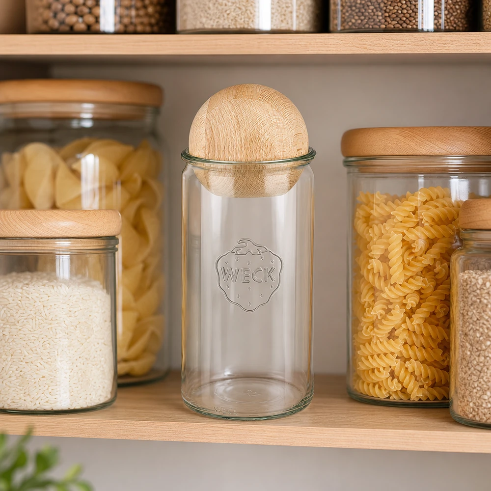 Barattolo a cilindro WECK 1590ml RR100 con sfera in legno in una cucina organizzata accanto a riso, pasta e altri alimenti