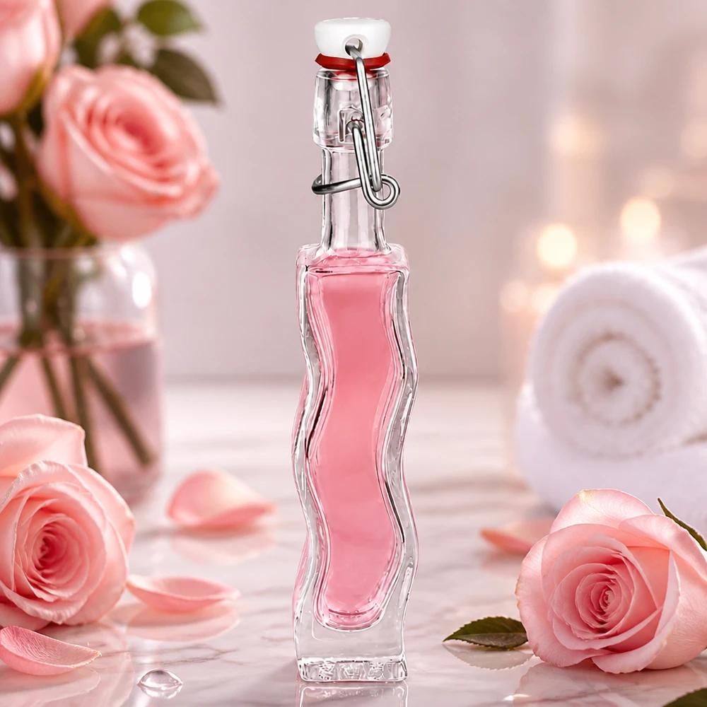 Flacone in vetro da 40 ml Fila con tappo a clip in PVC UNiTWIST® Flacone in vetro Anna da 40 ml con liquido rosa in un'ambientazione romantica con rose e colori tenui e pastello.